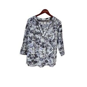 Rebecca Taylor Women M Sz 6 Silk Top Blouse Blue Floral Boho Peasant V Neck T4